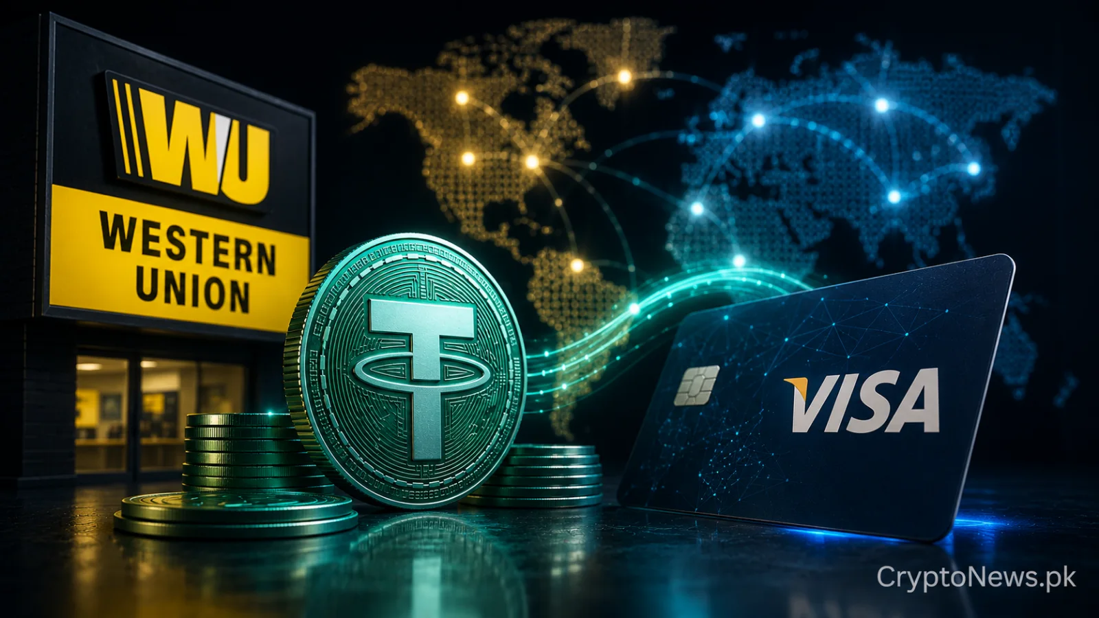 stablecoin payment card connected to a global Visa-style network, illustrating Western Union’s move into cross-border stablecoin payments.