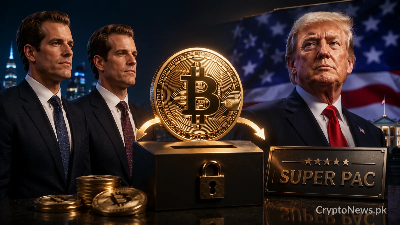 Winklevoss twins, a golden Bitcoin and Donald Trump representing a $10 million crypto-funded super PAC donation