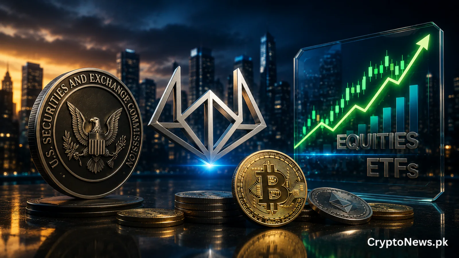 Crypto assets, SEC oversight and rising equity markets symbolize Wintermute’s expansion into regulated U.S. equities and ETF trading