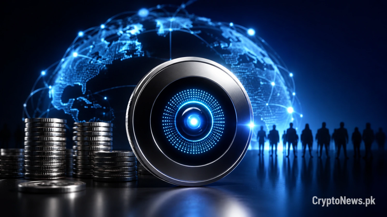 Metallic WLD token beside a glowing biometric identity orb representing World ID expansion and proof of humanity.