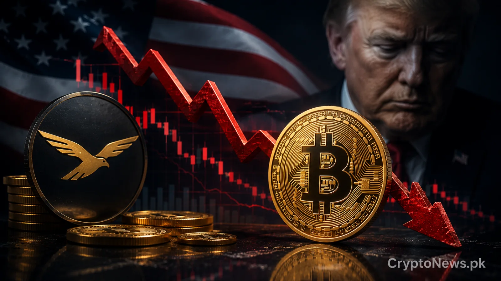 Bitcoin and World Liberty-themed token shown against falling market charts and US political imagery.