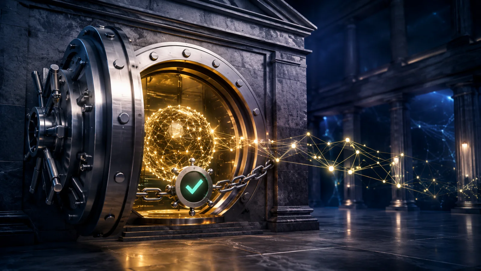 Half-open bank vault links blockchain custody to regulated finance under conditional approval.