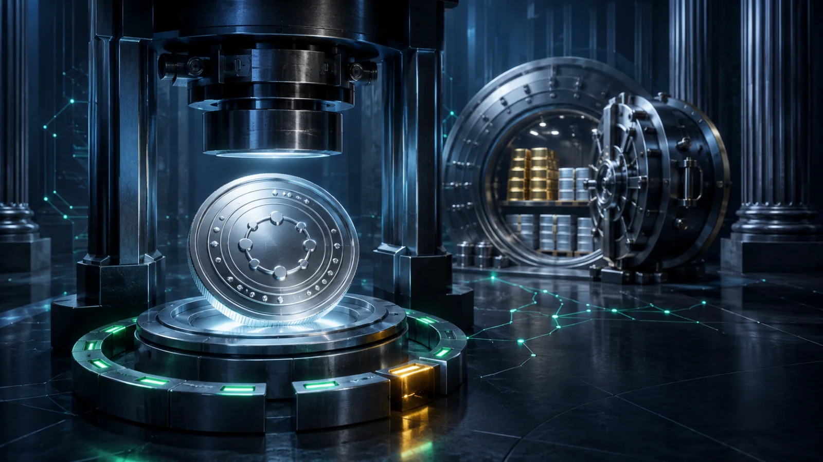 Stablecoin minted under conditional compliance controls beside a secured reserve vault.