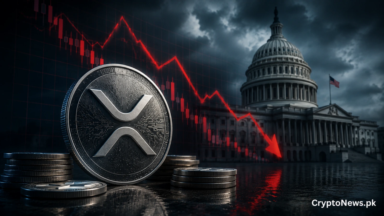 XRP coin falling beside a judge’s gavel and U.S. Capitol imagery, symbolizing market pressure from delayed crypto legislation.