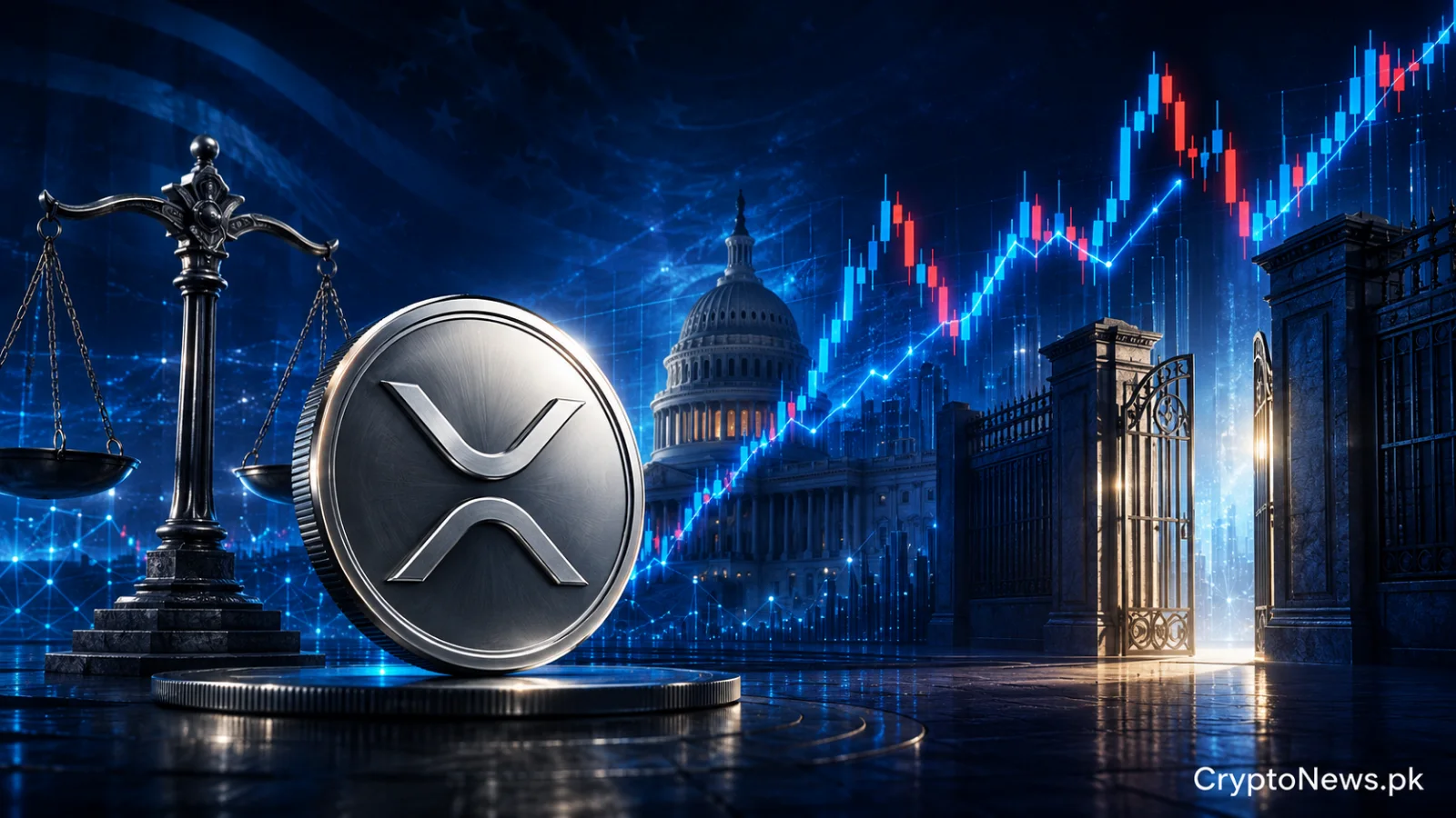 XRP coin beside U.S. regulatory scales and a volatile rising market chart.
