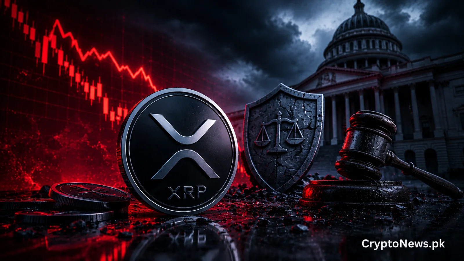 XRP under bearish market pressure beside cooling regulatory symbols and a weakening chart, reflecting softer sentiment as legislative momentum fades.