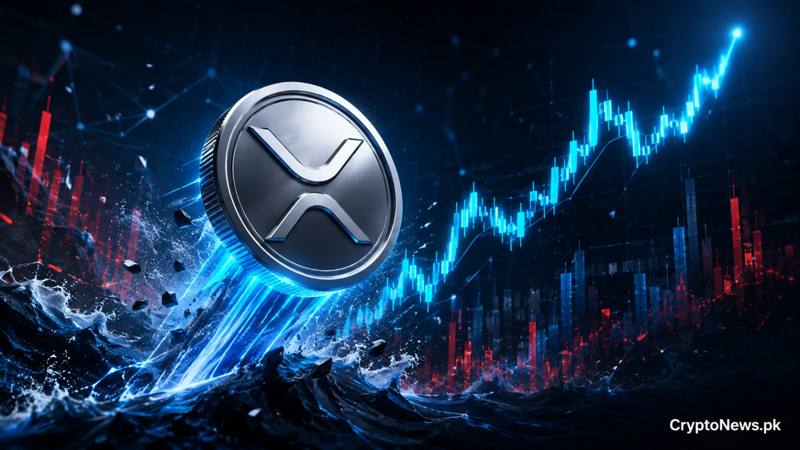XRP coin surging above volatile market waves alongside a rising cryptocurrency chart.