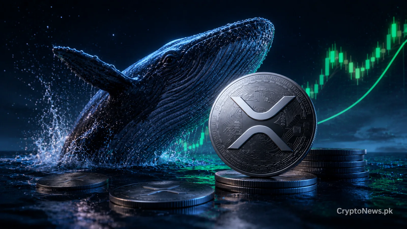 Silver XRP coin beside a breaching whale and rising market chart, symbolizing large-holder accumulation and shifting sentiment.