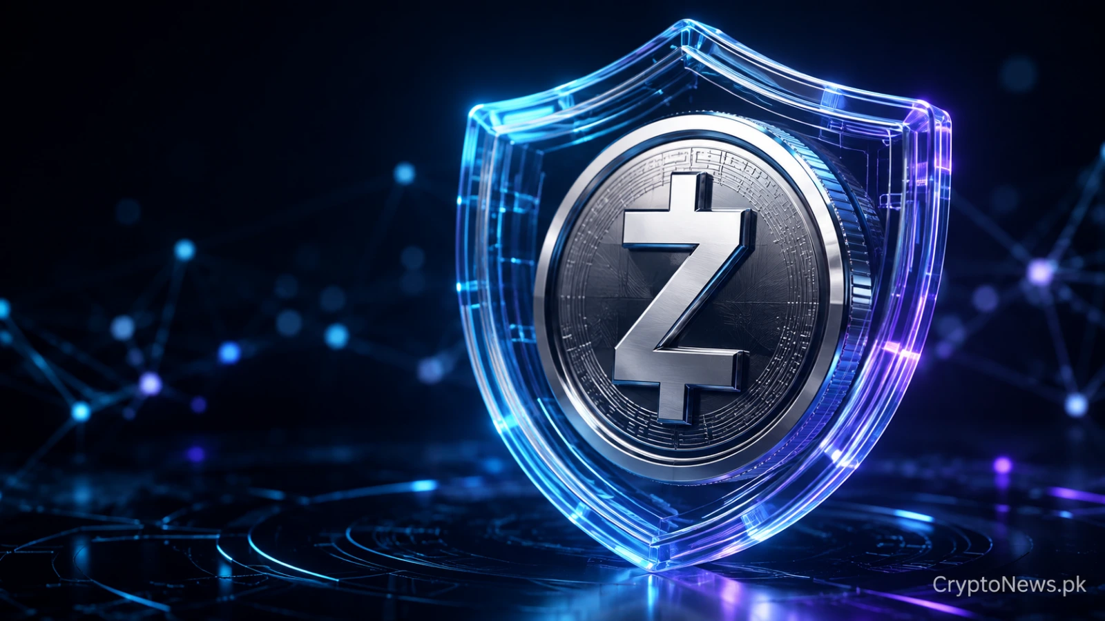 Silver Zcash token protected by a glowing cryptographic shield, symbolizing enhanced privacy and performance.