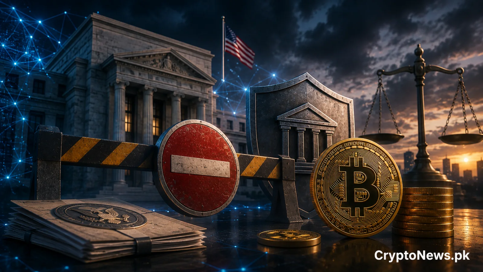 .S. banking regulation blocks crypto infrastructure, symbolizing Zero Hash’s rejected trust bank charter application and planned re-filing.