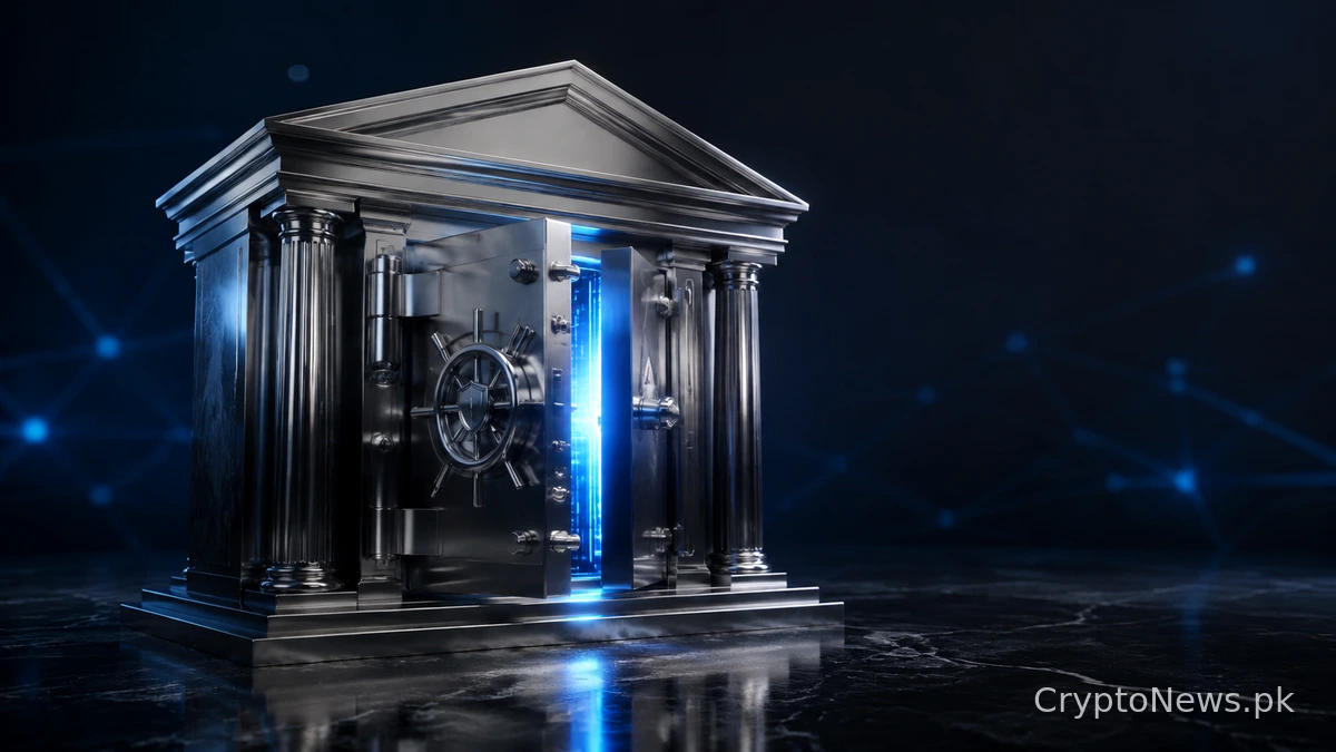 Chrome digital-asset bank vault representing Zero Hash’s renewed U.S. trust bank charter bid.