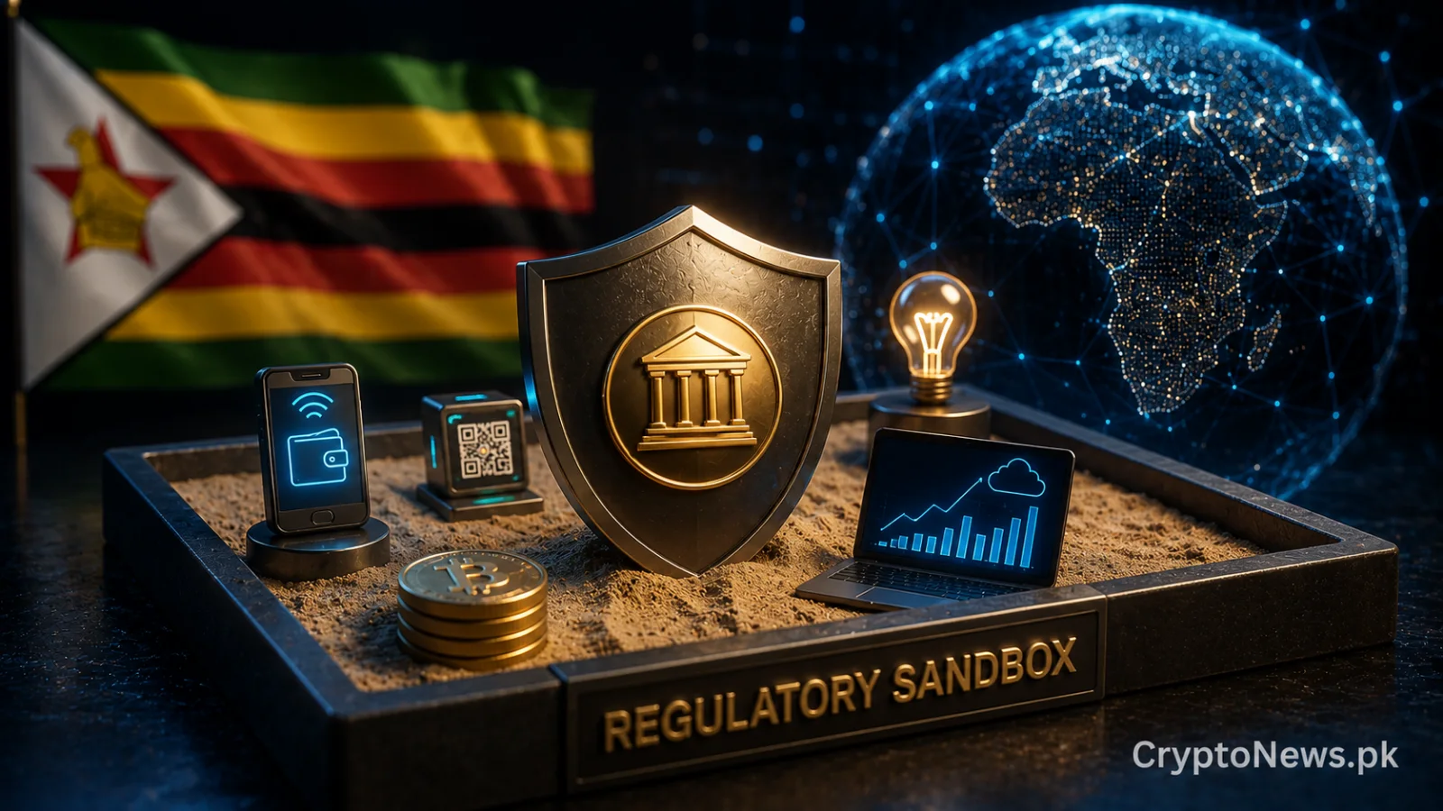 Zimbabwe’s fintech regulatory sandbox visualized as a secure glass testing chamber for blockchain and tokenization projects.